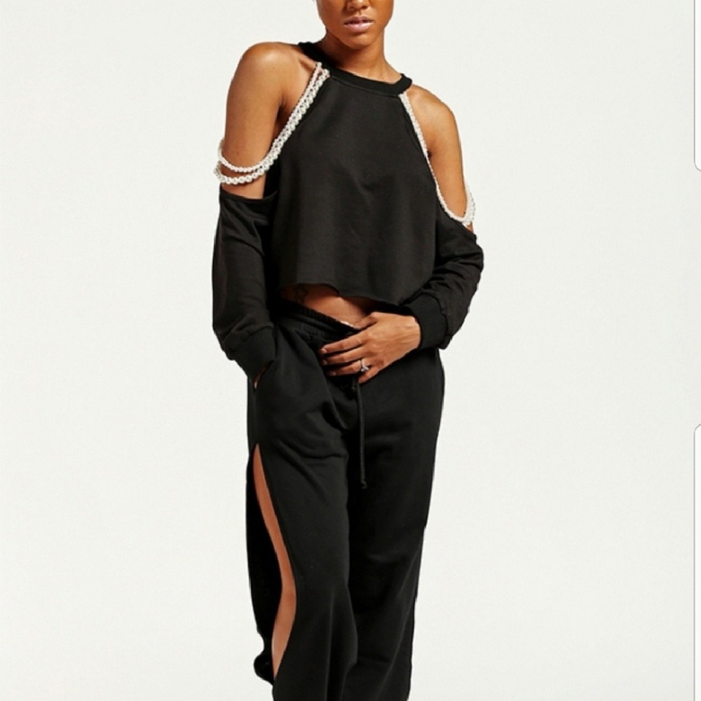 Black crop top with draping pearls